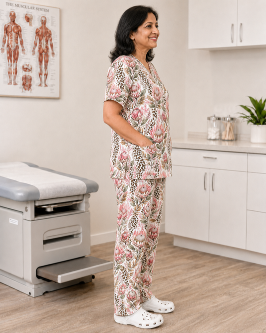 Printed Lifestyle Scrub Set (Top + Pants) – Protea Leopard (Unisex)