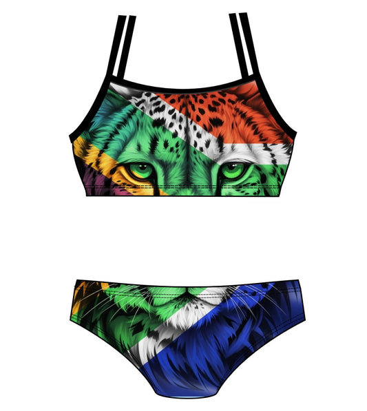 Female 2 piece training bikini  -  South African Flag Cheetah