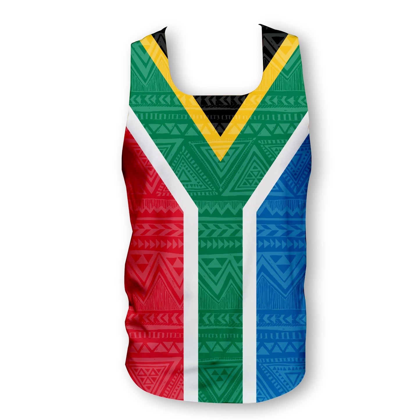 Men’s seamless performance running vest with South African flag print, lightweight and breathable, trusted by Olympic and elite South African athlete