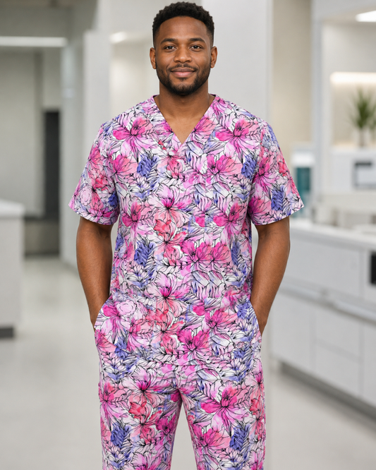 Printed Lifestyle Scrub Set (Top + Pants) – Watercolor Floral (Unisex)
