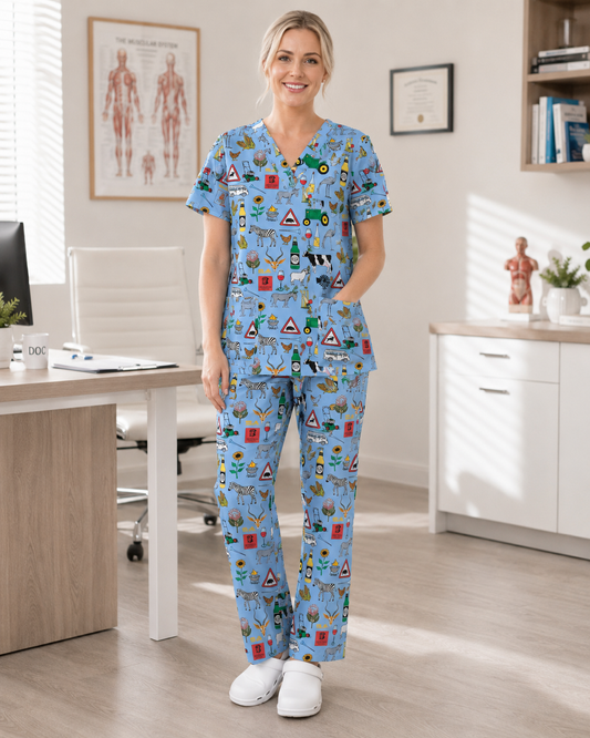 Printed Lifestyle Scrub Set (Top + Pants) – 44 Suid Afrika Light Blue (Unisex)
