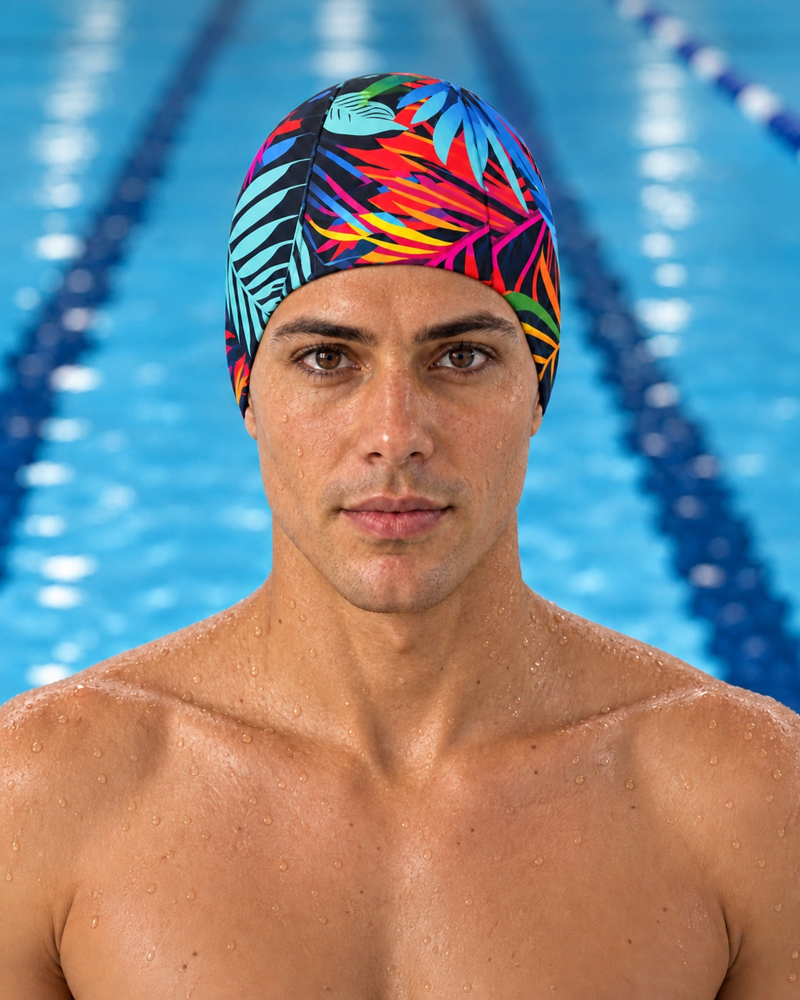 male swimmer wearing Bright Jungle three-panel fabric swim cap