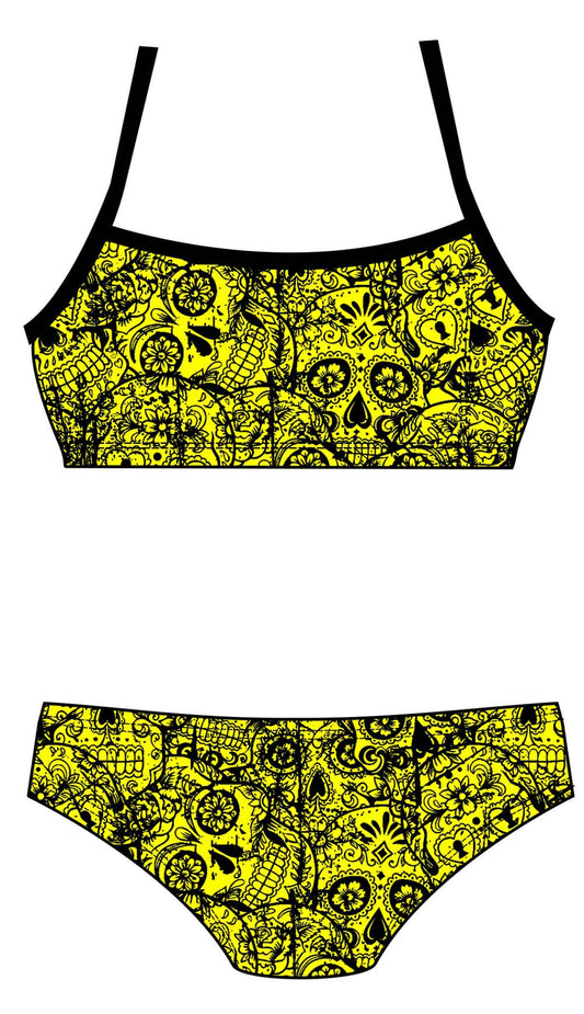 Female 2 Piece Training Bikini - Neon Mexican Skulls - DG apparel competitive swimwear lifesaving waterpolo south african flag swimwear triathlon running