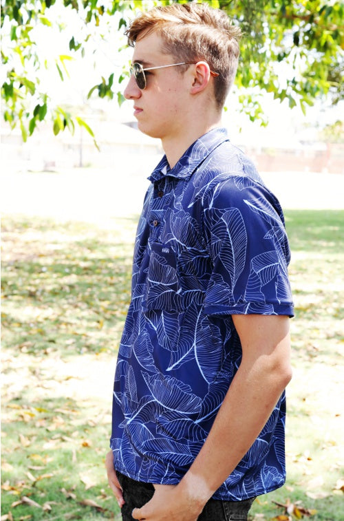 Male Blue Banana Leaf Printed Golf Shirt(3459)