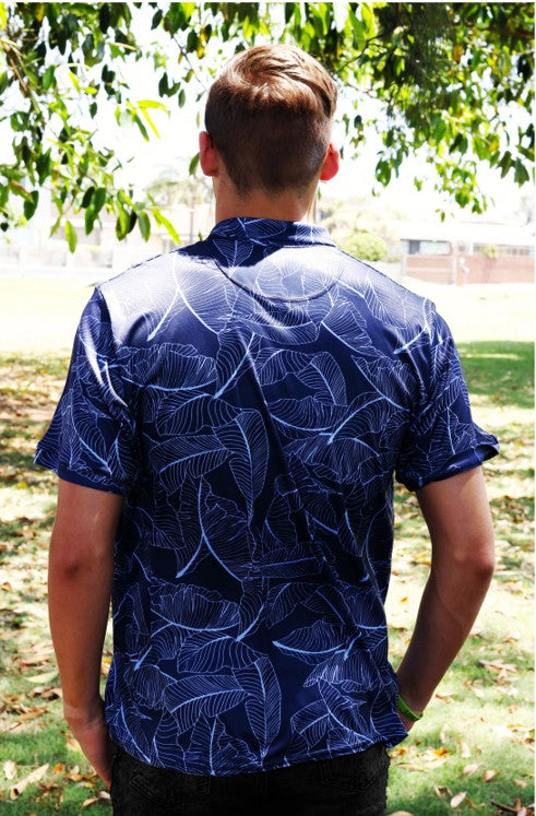 Male Blue Banana Leaf Printed Golf Shirt(3459)