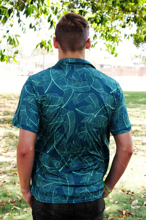 Male Teal Banana Leaf  Printed Golf Shirt(3459)
