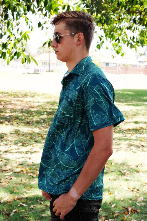 Male Teal Banana Leaf  Printed Golf Shirt(3459)