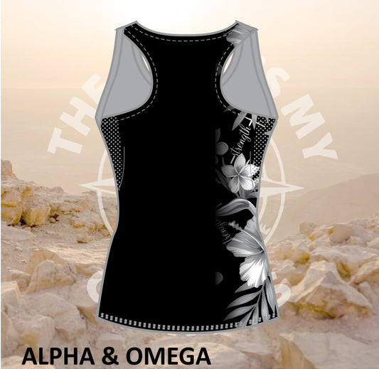ALPHA AND OMEGA BLACK CHILD OF GOD Female Active Vest Black Back Print