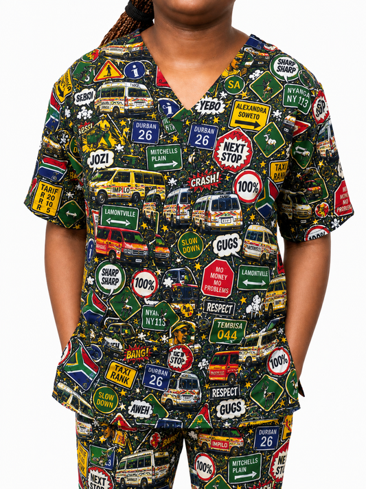 Printed Lifestyle Scrub Top – Taxi Rank (Unisex)