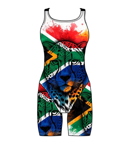 Women's Kneeskin Swimsuit - South African Flag Cheetah White