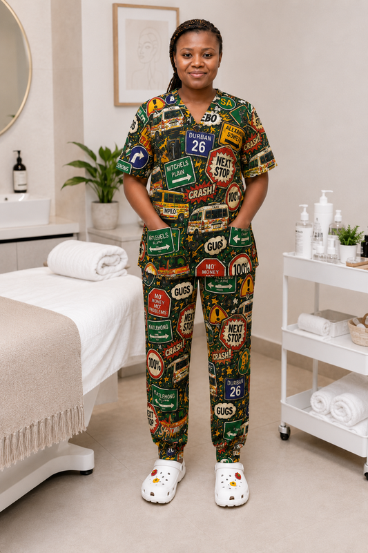 Printed Lifestyle Scrub Set (Top + Pants) – Taxi Rank (Unisex)