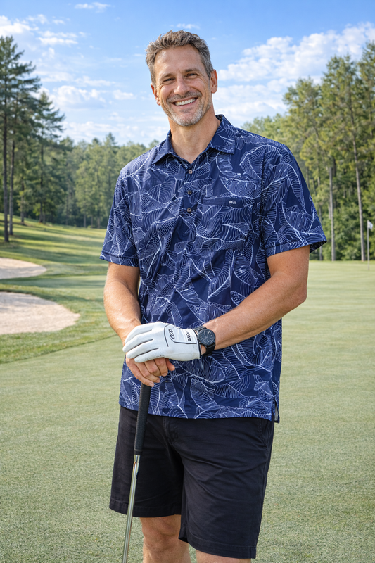 Male Blue Banana Leaf Printed Golf Shirt(3459)