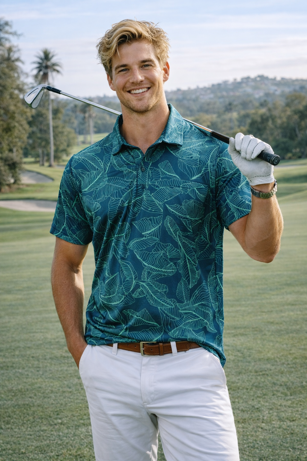 Male Teal Banana Leaf  Printed Golf Shirt(3459)