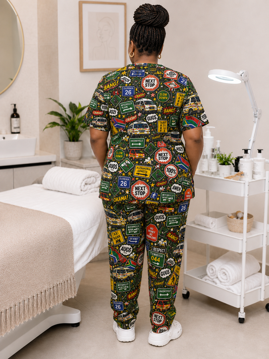 Printed Lifestyle Scrub Set (Top + Pants) – Taxi Rank (Unisex)
