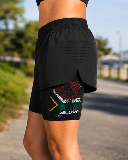 Ladies' 2-in-1 Run Short with Pocket Tights - South African Flag Lion