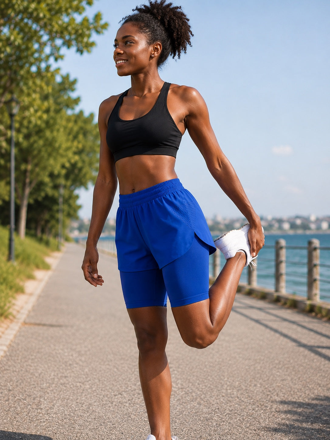Ladies' 2-in-1 Run Short with Pocket Tights - Plain Blue