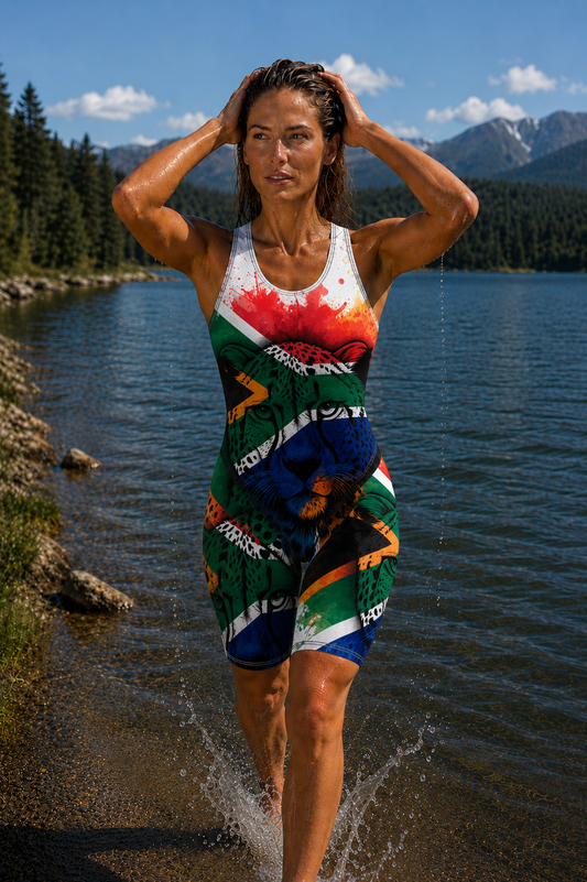 Women's Kneeskin Swimsuit - South African Flag Cheetah White
