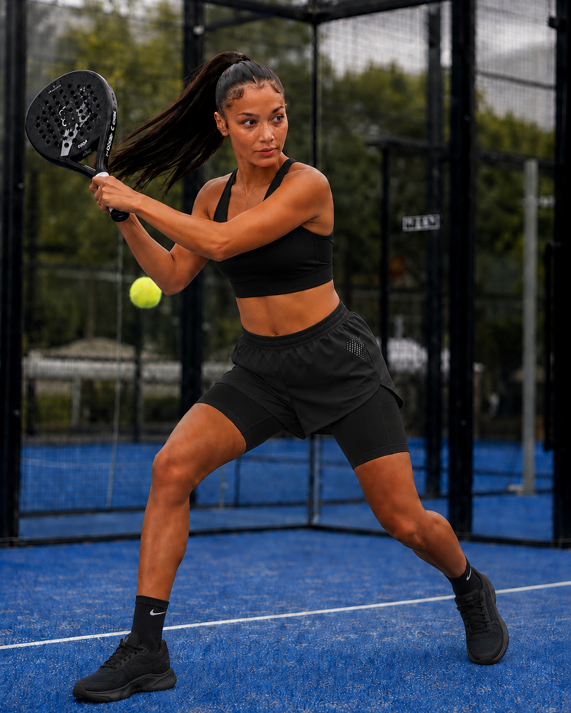 Ladies' 2-in-1 Run Short with Pocket Tights - Plain Black