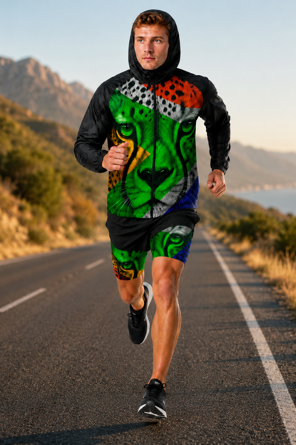 Men's 2-in-1 Run Short with Pocket Tights - South African Flag Cheetah Black