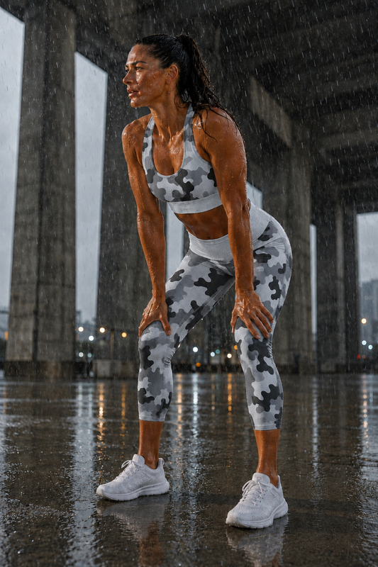 Women's High-Waisted Athleisure 3/4 Leggings – Strength Grey Camo – Alpha & Omega