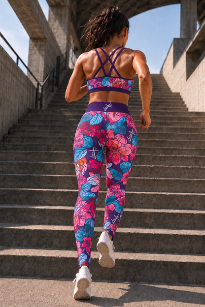 Women's High-Waisted Athleisure Full-Length Leggings – Purple Floral – Alpha & Omega