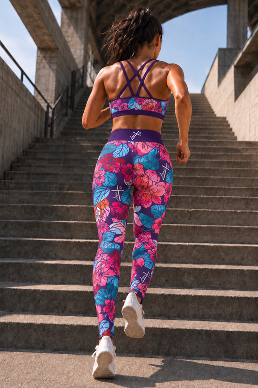 Women's High-Waisted Athleisure Full-Length Leggings – Purple Floral – Alpha & Omega