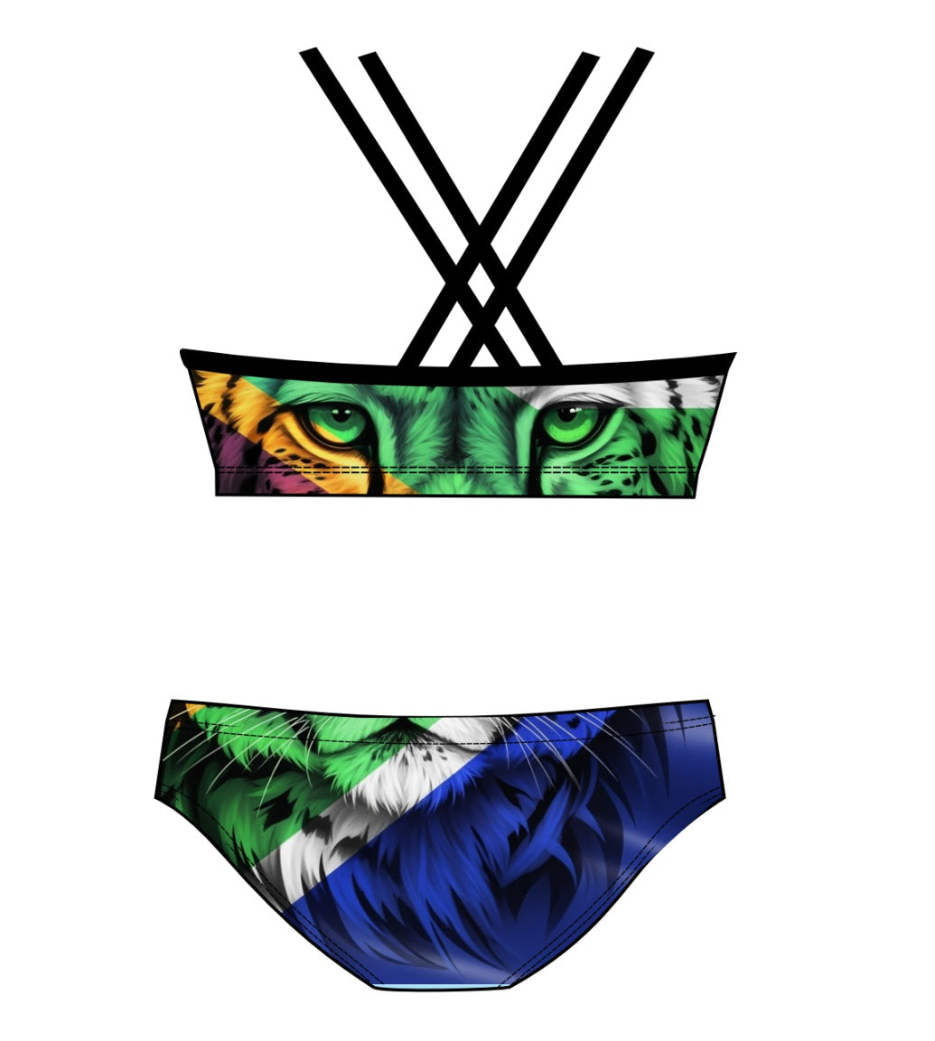 Female 2 piece training bikini  -  South African Flag Cheetah
