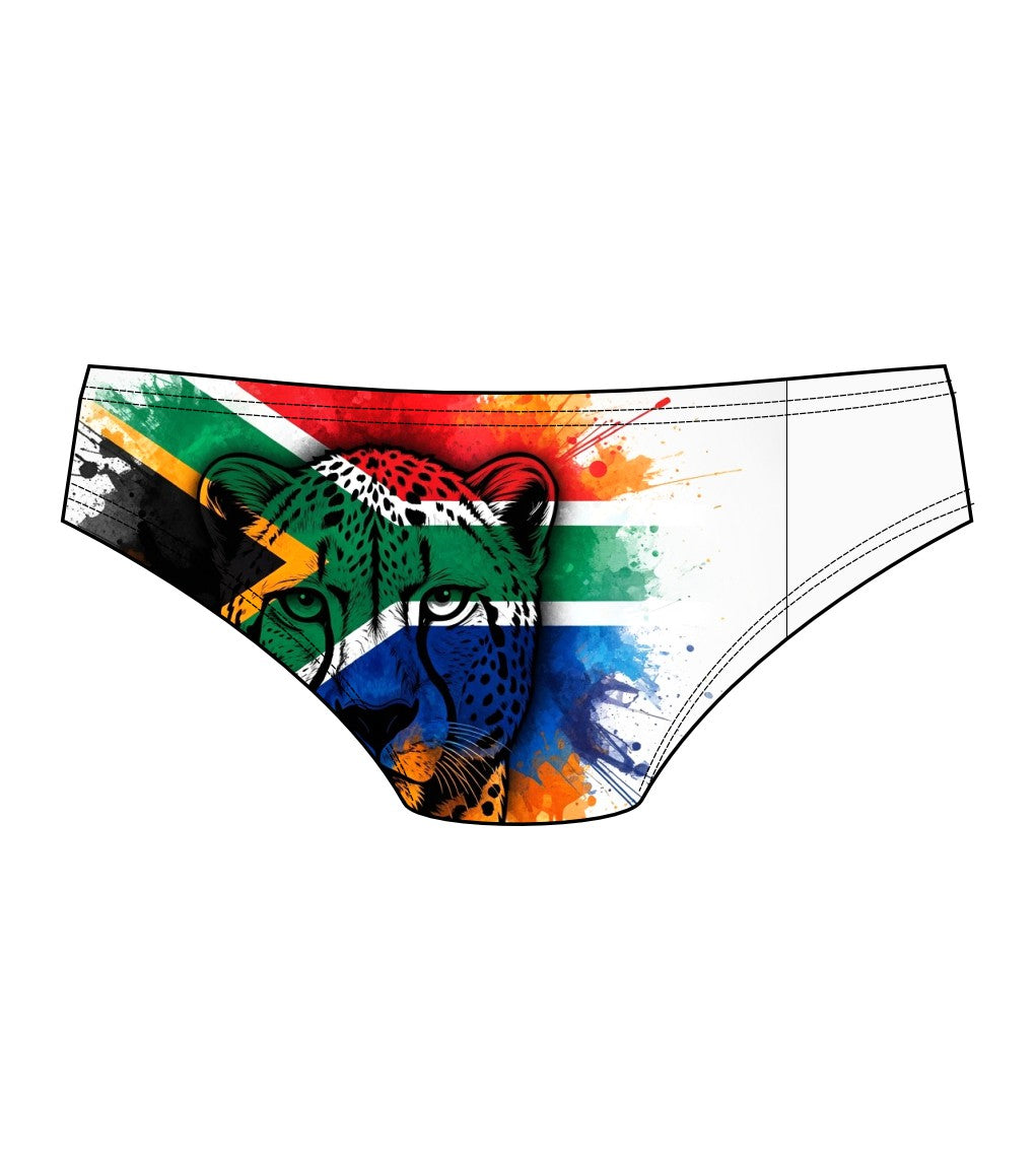 Male brief swimsuit - South African Flag White cheetah
