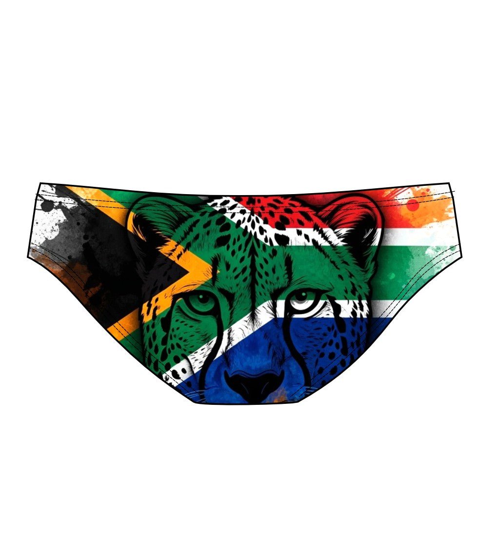 Male brief swimsuit - South African Flag White cheetah
