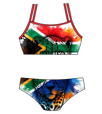 Female 2 piece training bikini  -  South African Flag White Cheetah (3852)