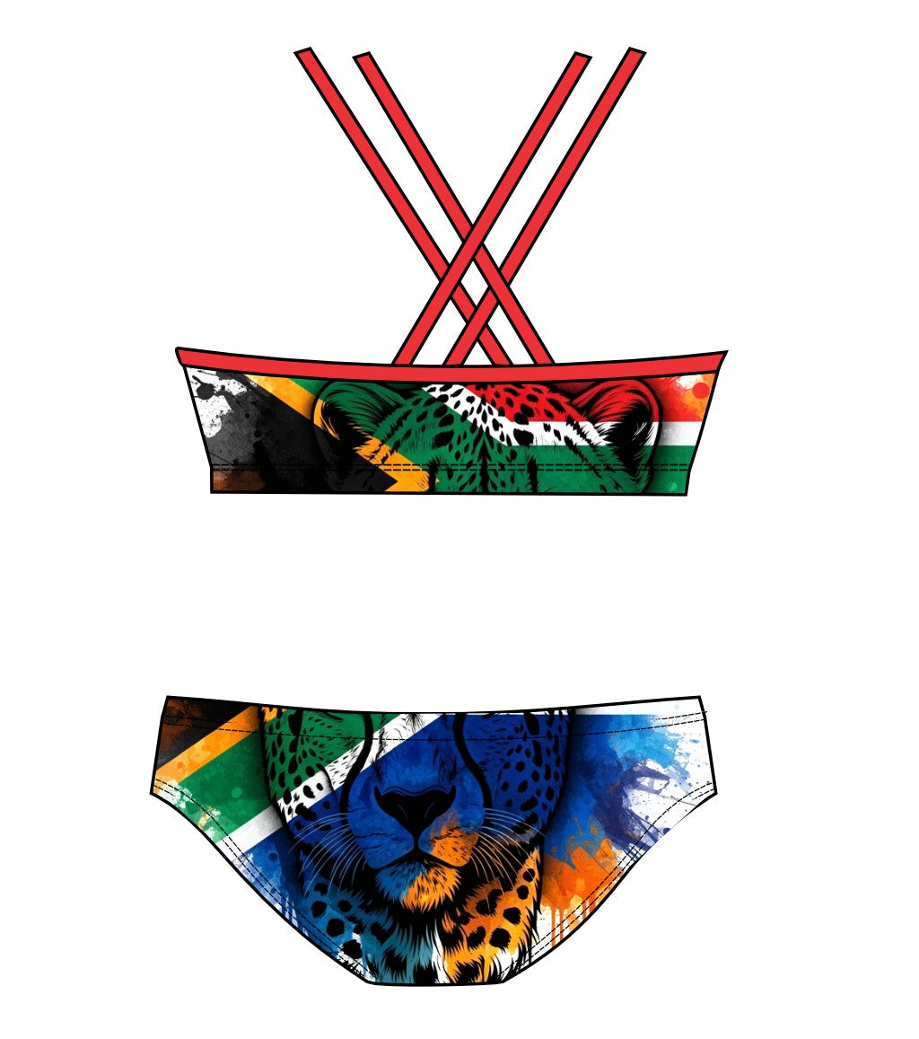 Female 2 piece training bikini  -  South African Flag White Cheetah