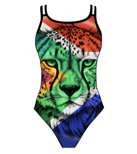 Female fastback swimsuit - South African flag Cheetah