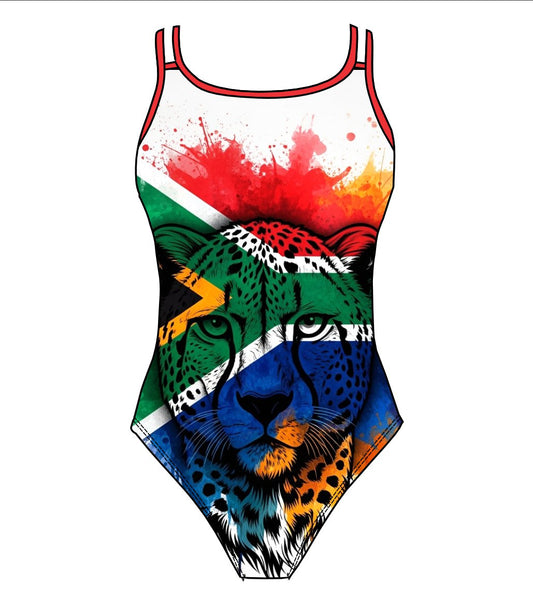 Female fastback swimsuit - South African flag Cheetah white