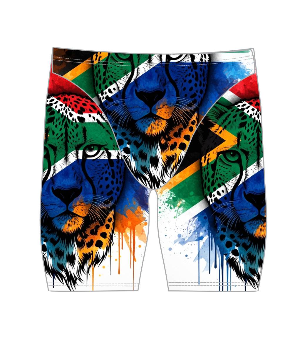 Male Jammer Swimsuit - South African Flag White Cheetah