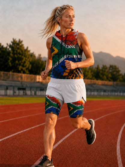 Ladies' 2-in-1 Run Short with Pocket Tights - South African Flag Cheetah White