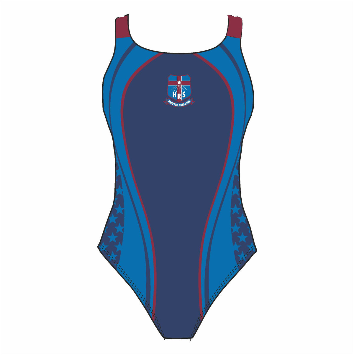 Holy Rosary School fastback swimsuit – thick straps, front view