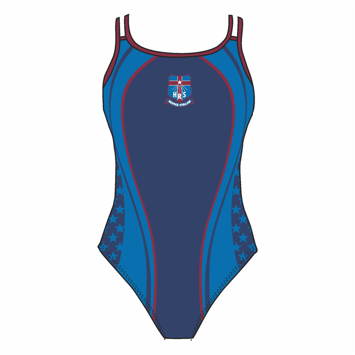 Holy Rosary School fastback swimsuit – thick straps, back view