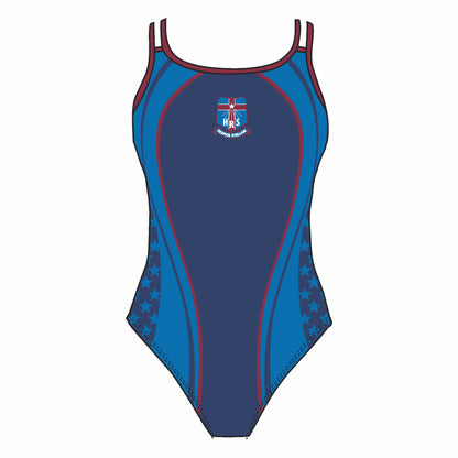 Holy Rosary School fastback swimsuit – thick straps, back view