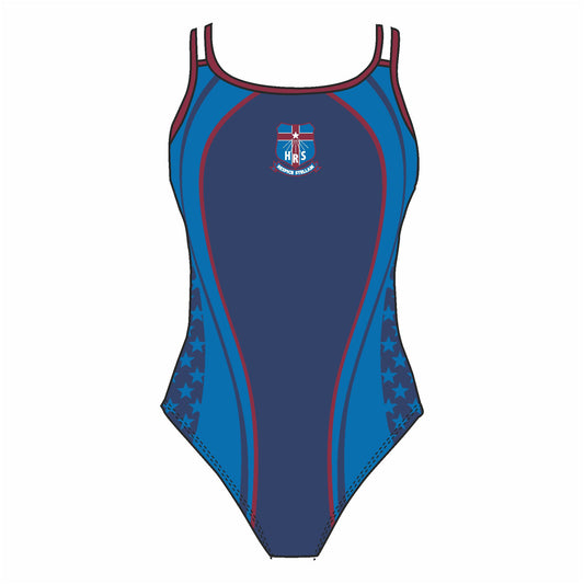 Holy Rosary School fastback swimsuit – thick straps, back view