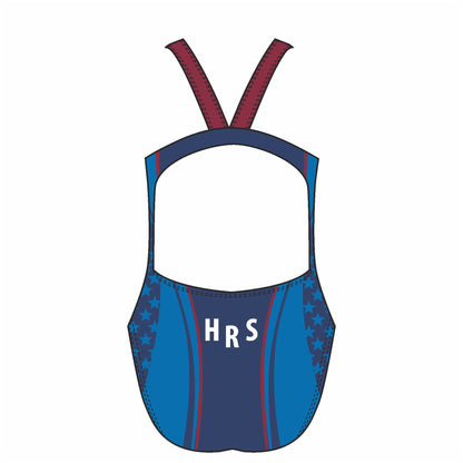 Holy Rosary School fastback swimsuit – double thin straps, front view