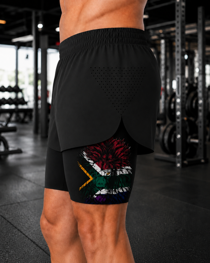 Men's 2-in-1 Run Short with Pocket Tights - South African Flag Lion