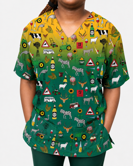 Printed Lifestyle Scrub Top – Groen en Goud Heritage (Unisex)