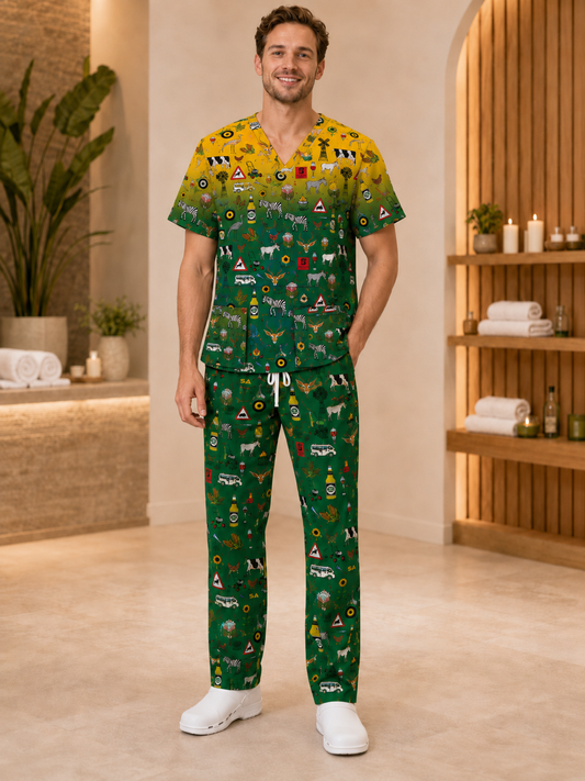 Printed Lifestyle Scrub Set (Top + Pants) – Groen en Goud Heritage (Unisex)
