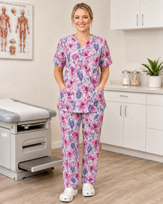 Printed Lifestyle Scrub Set (Top + Pants) – Watercolor Floral (Unisex)