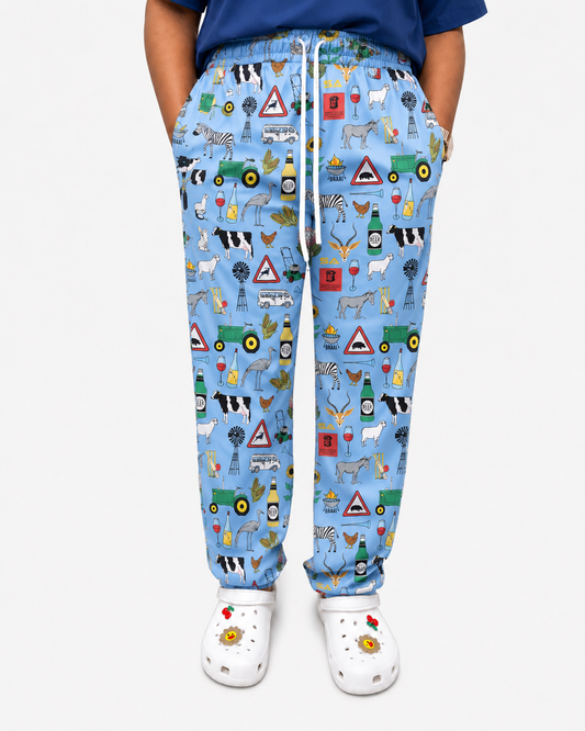 Printed Lifestyle Scrub Pants – 44 Suid Afrika Light Blue (Unisex)