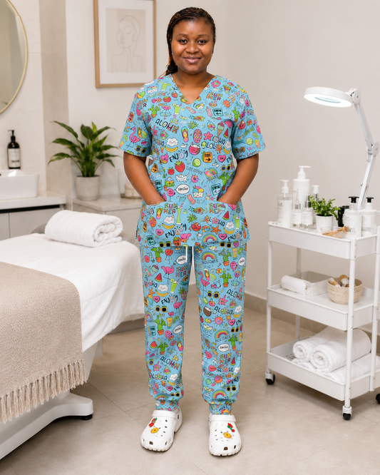 Printed Lifestyle Scrub Set (Top + Pants) – Aloha Holidays (Unisex)