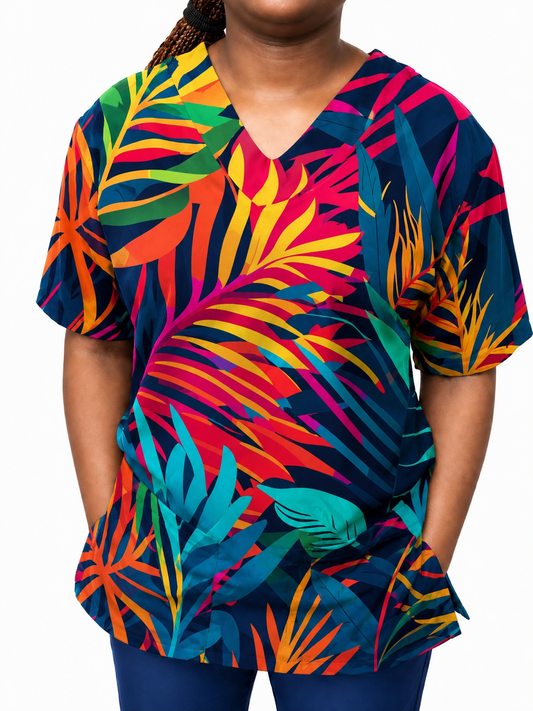 Printed Lifestyle Scrub Top – Bright Jungle (Unisex)