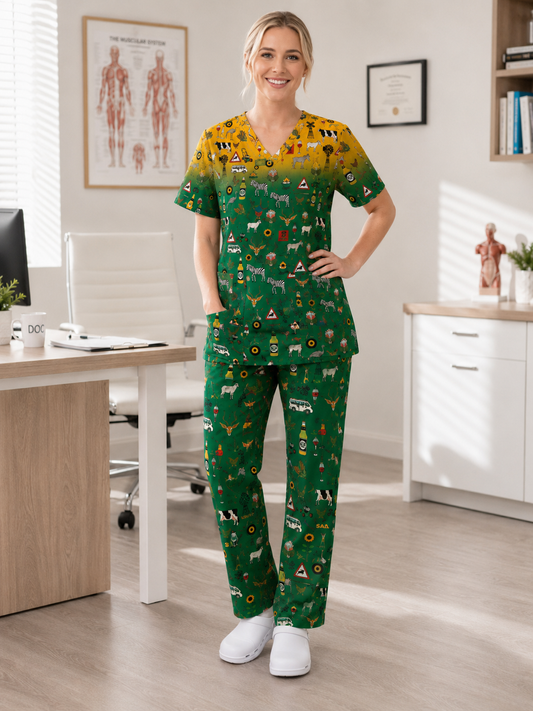 Printed Lifestyle Scrub Top – Groen en Goud Heritage (Unisex)