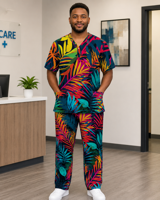 Printed Lifestyle Scrub Set (Top + Pants) – Bright Jungle (Unisex)