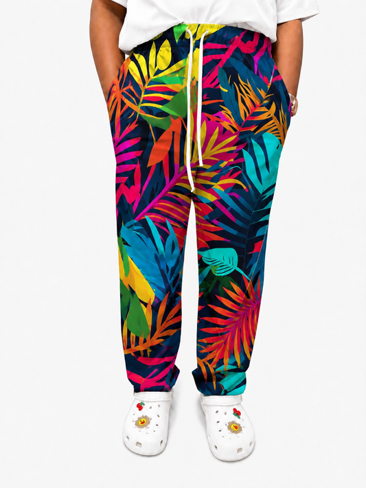Printed Lifestyle Scrub Pants – Bright Jungle (Unisex)